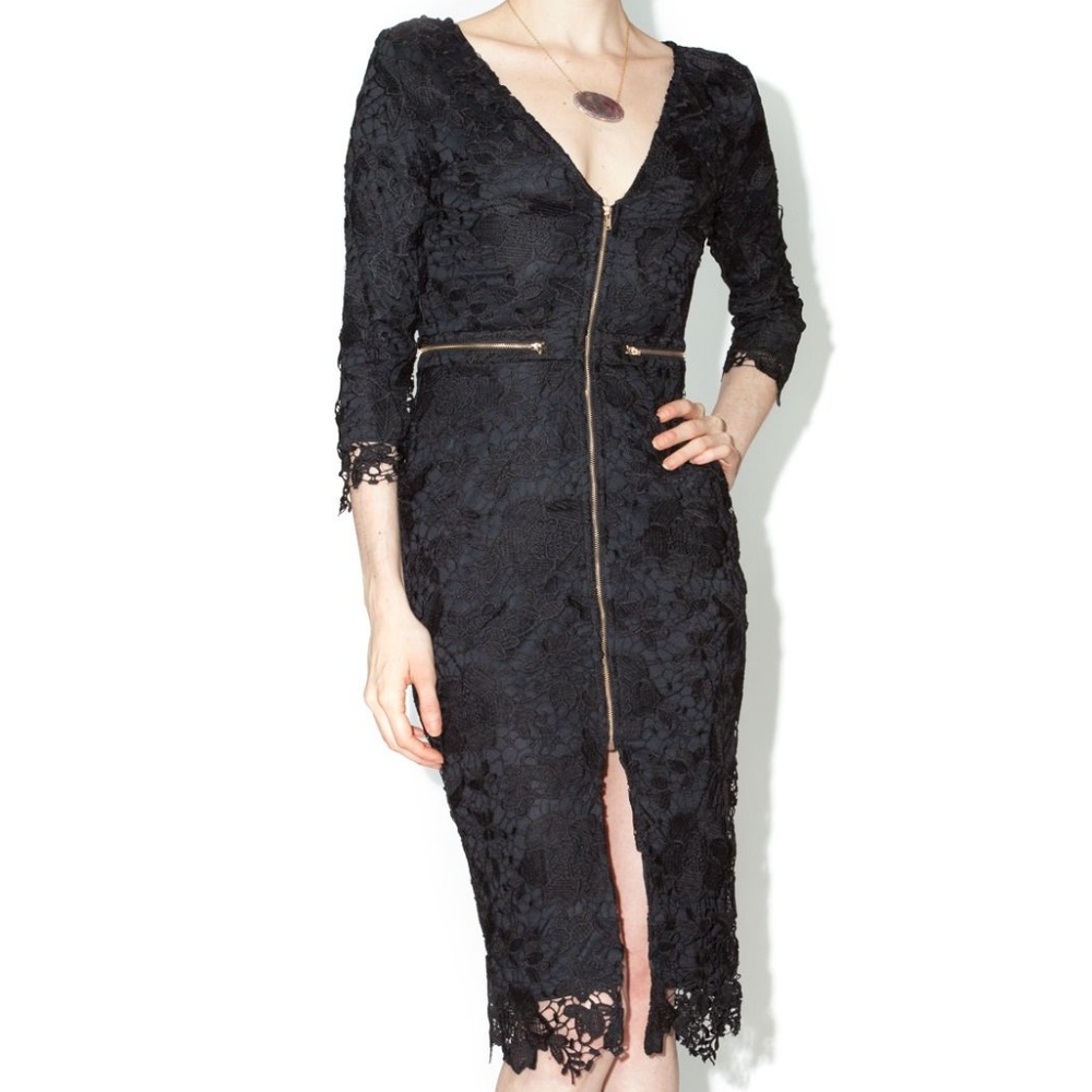 Black Floral Crochet Body Con Midi Dress Zip Up